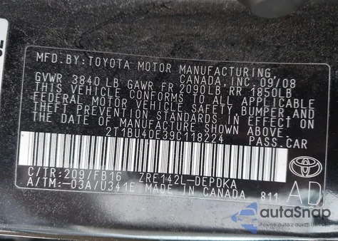 2009 Toyota Corolla Le from USA, damaged, VIN 2T1BU40E39C118224